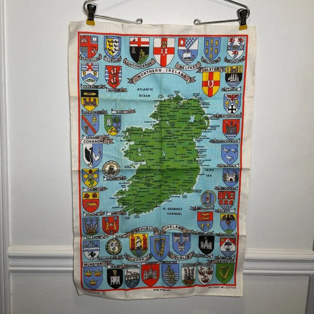 Lot 2 Vintage Irish Linen Cotton Tea Towels Ireland Map Poteen Made in Ireland